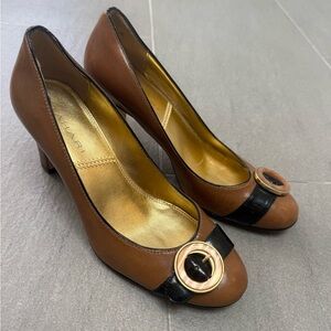 Tahari Brown Leather Mid-Heel Pumps with Black Trim and Gold Buckle